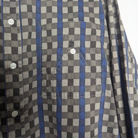 Vintage 70's Gray Blue Check Plaid Long Sleeve Button Up Shirt Front Pocket L - Picture 6 of 8